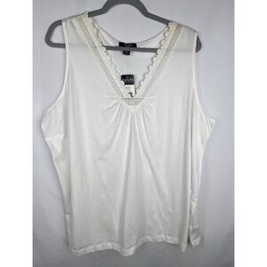 CHAPS‎ Women 3X White Sleeveless V Neck Lace Crochet Trim Cotton Top NWT Layer